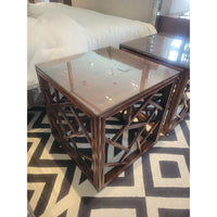 PAIR of Chinese Cracked Ice Wood Side Tables w/ Glass Tops c1900 - colletteconsignment.com