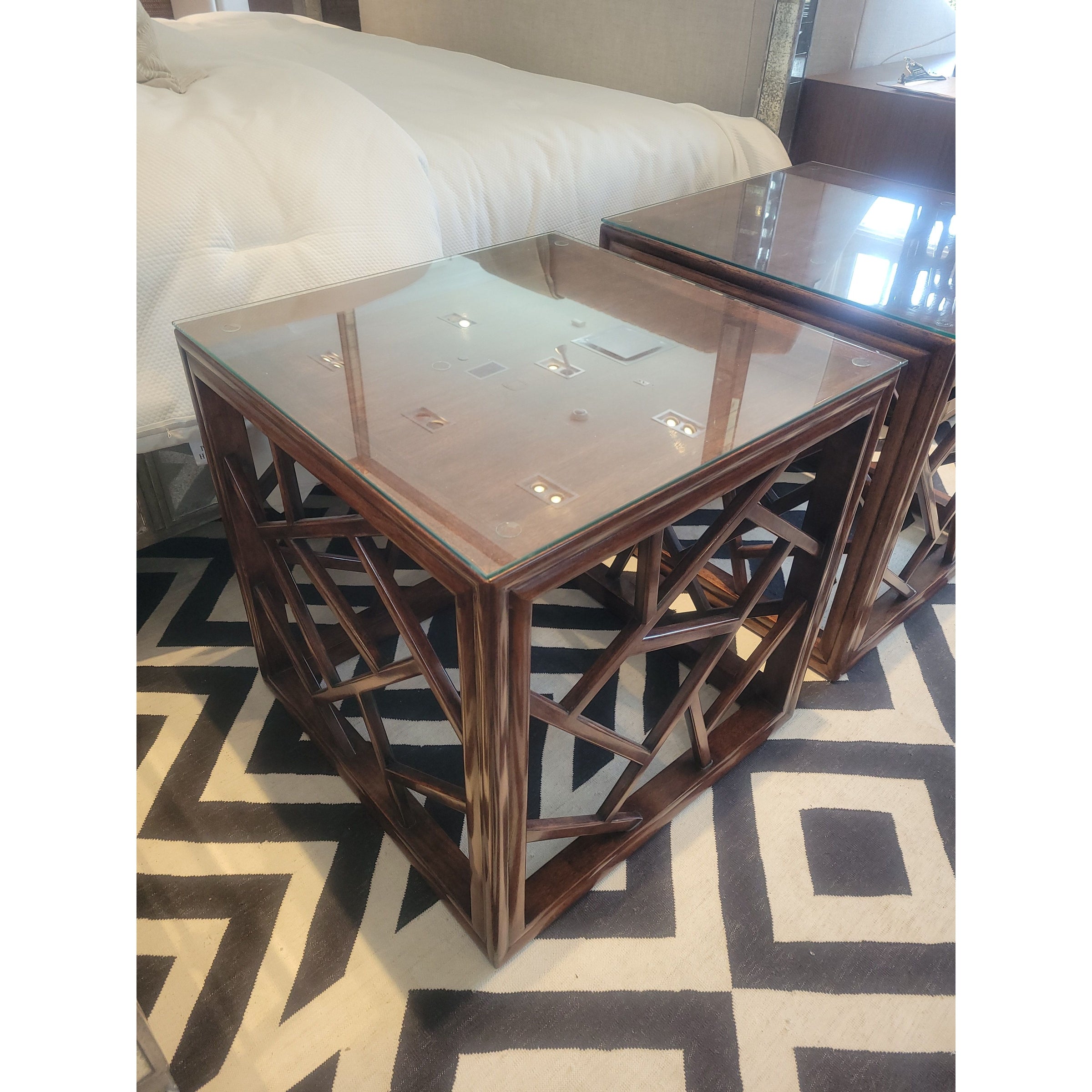 PAIR of Chinese Cracked Ice Wood Side Tables w/ Glass Tops c1900 - colletteconsignment.com
