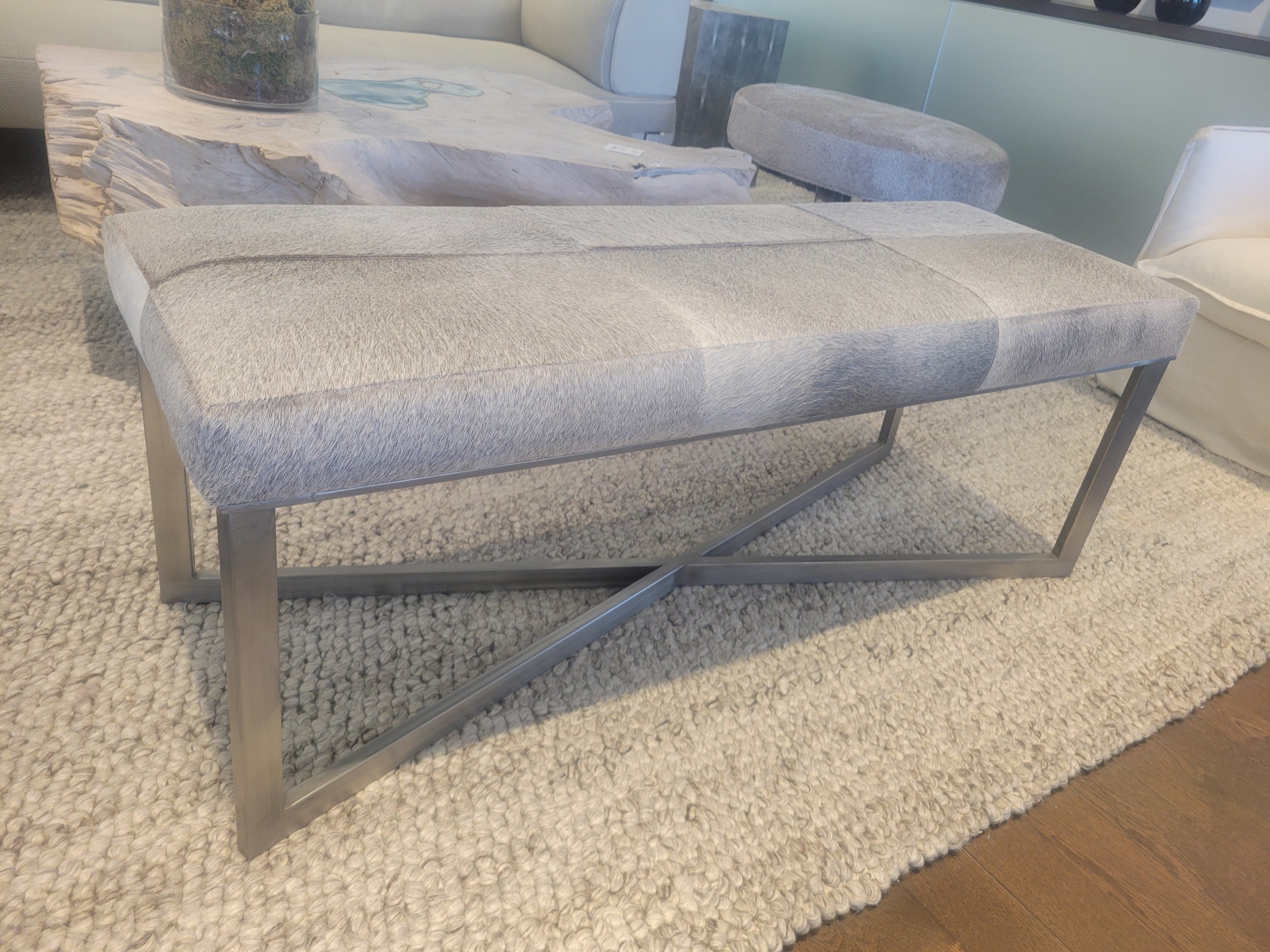 Gray Cowhide Bench w/ Brushed Metal Base Attrib. to Made Goods
