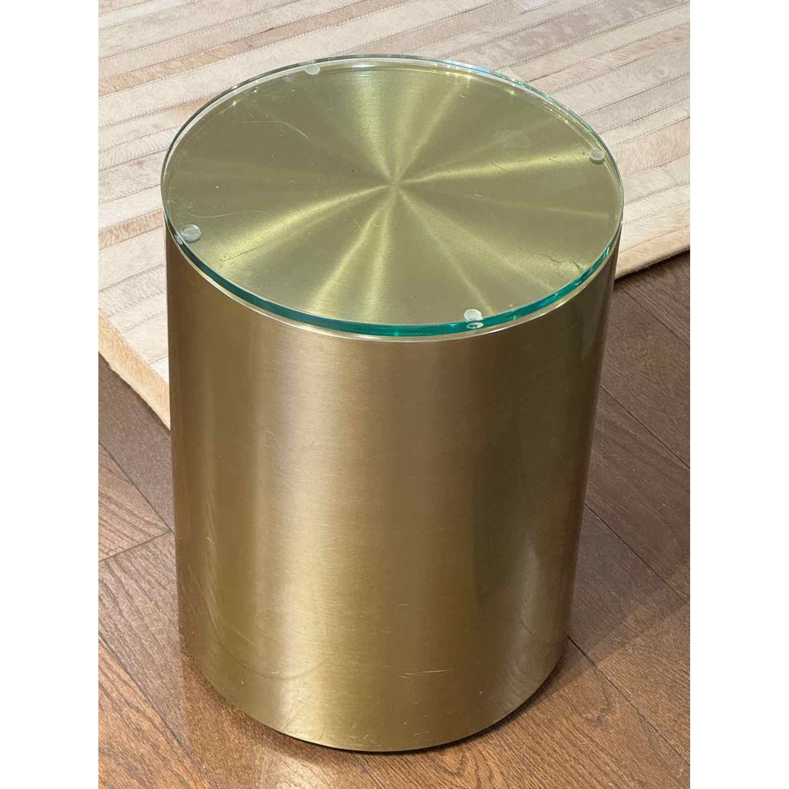 Brass Cylinder Side Table w/ Glass Top