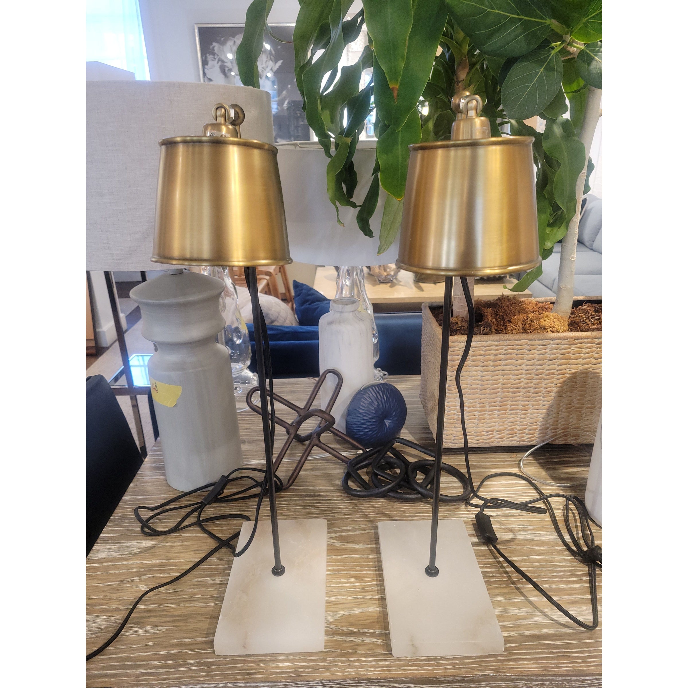 PAIR of Alabaster & Brass Lab Lights by Karakter x Anatomy Design - colletteconsignment.com