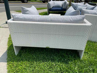PAIR of White Wicker Slimline Lounge Chairs w/ Navy Cushions by Dedon