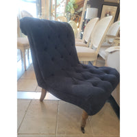 Navy Tufted Slipper Chair w/ Natural Wood Legs & Casters