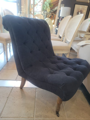 Navy Tufted Slipper Chair w/ Natural Wood Legs & Casters