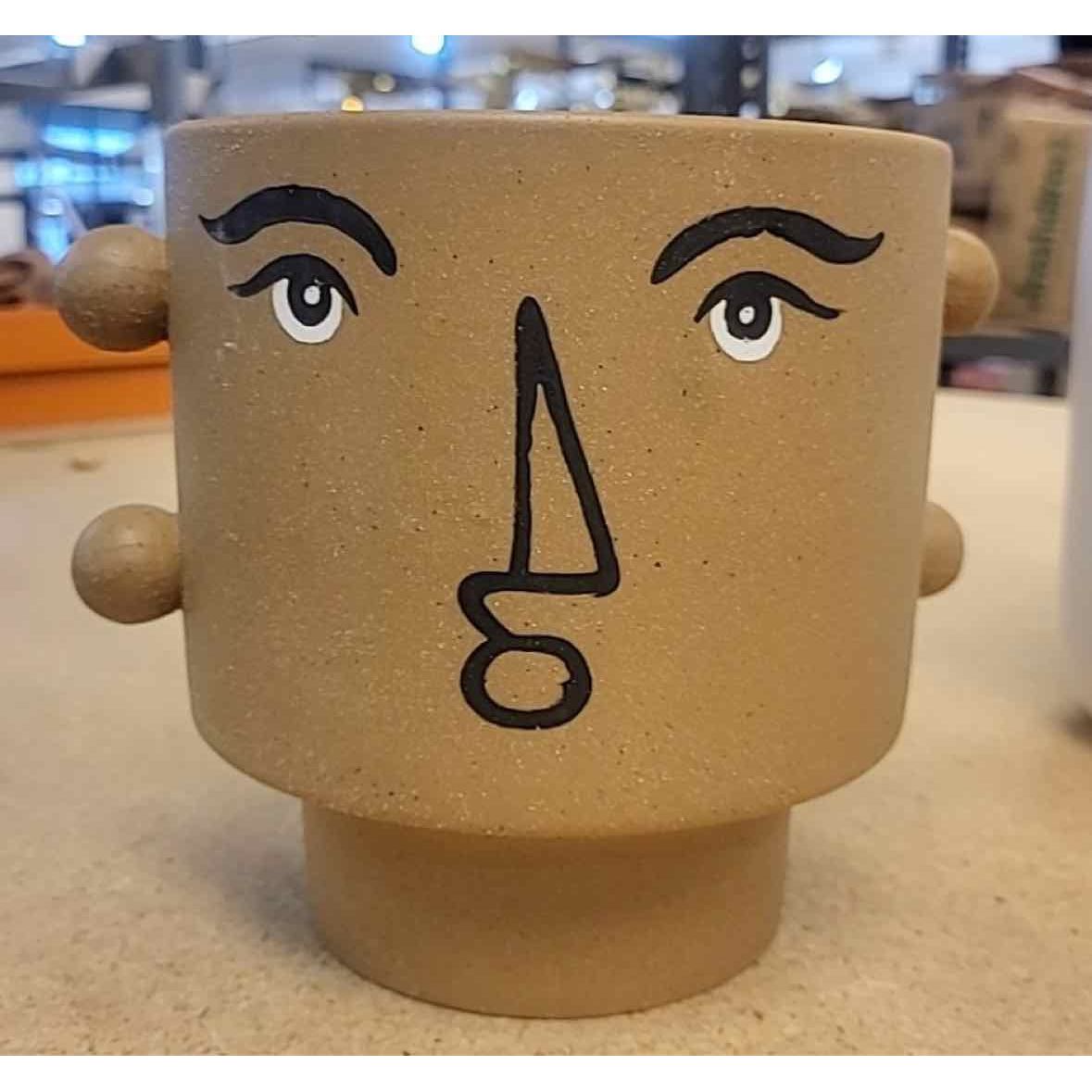 Matte Tan Ceramic Painted Face Pot