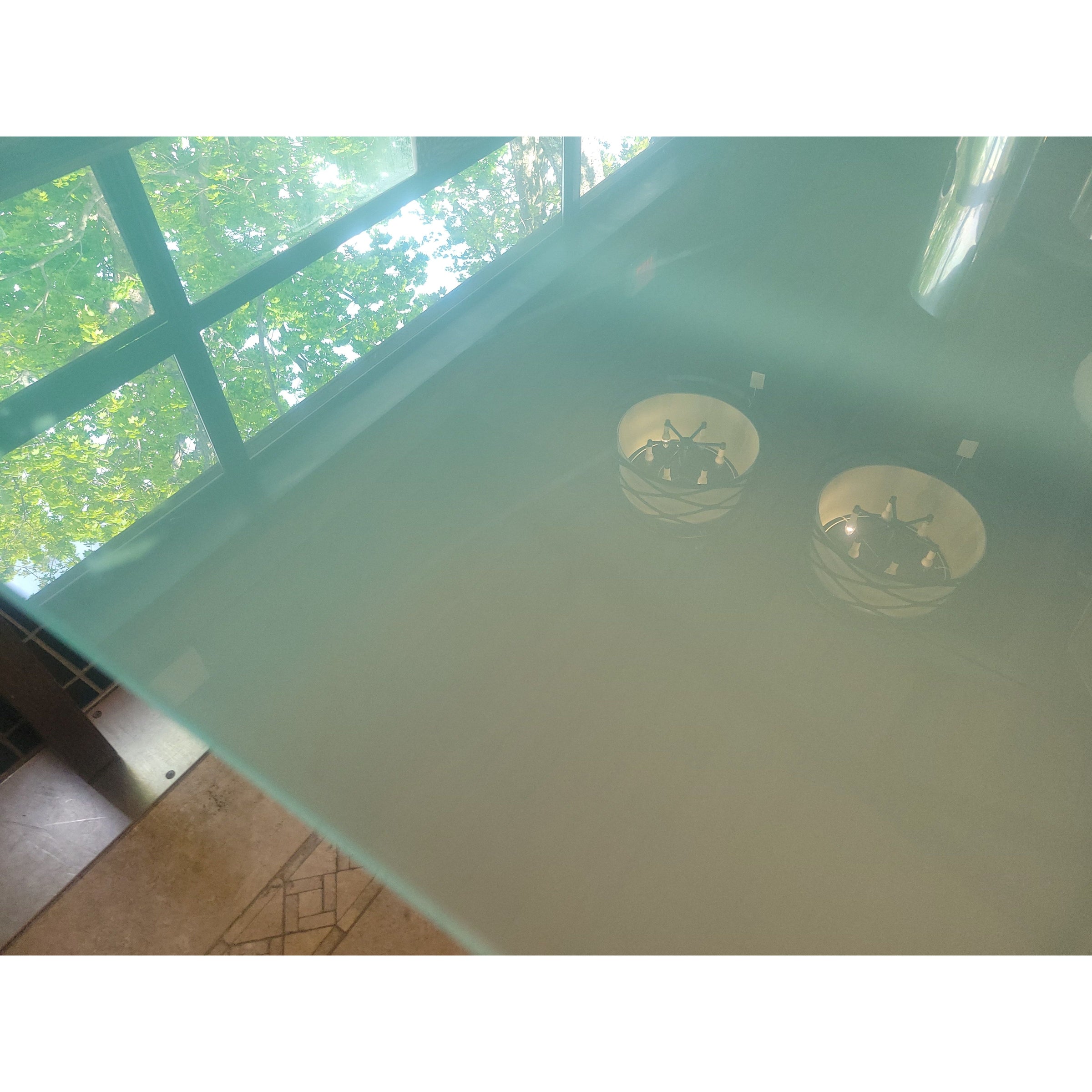 Frosted Glass Extension Dining Table on Wood Veneer Legs (AS IS) - colletteconsignment.com