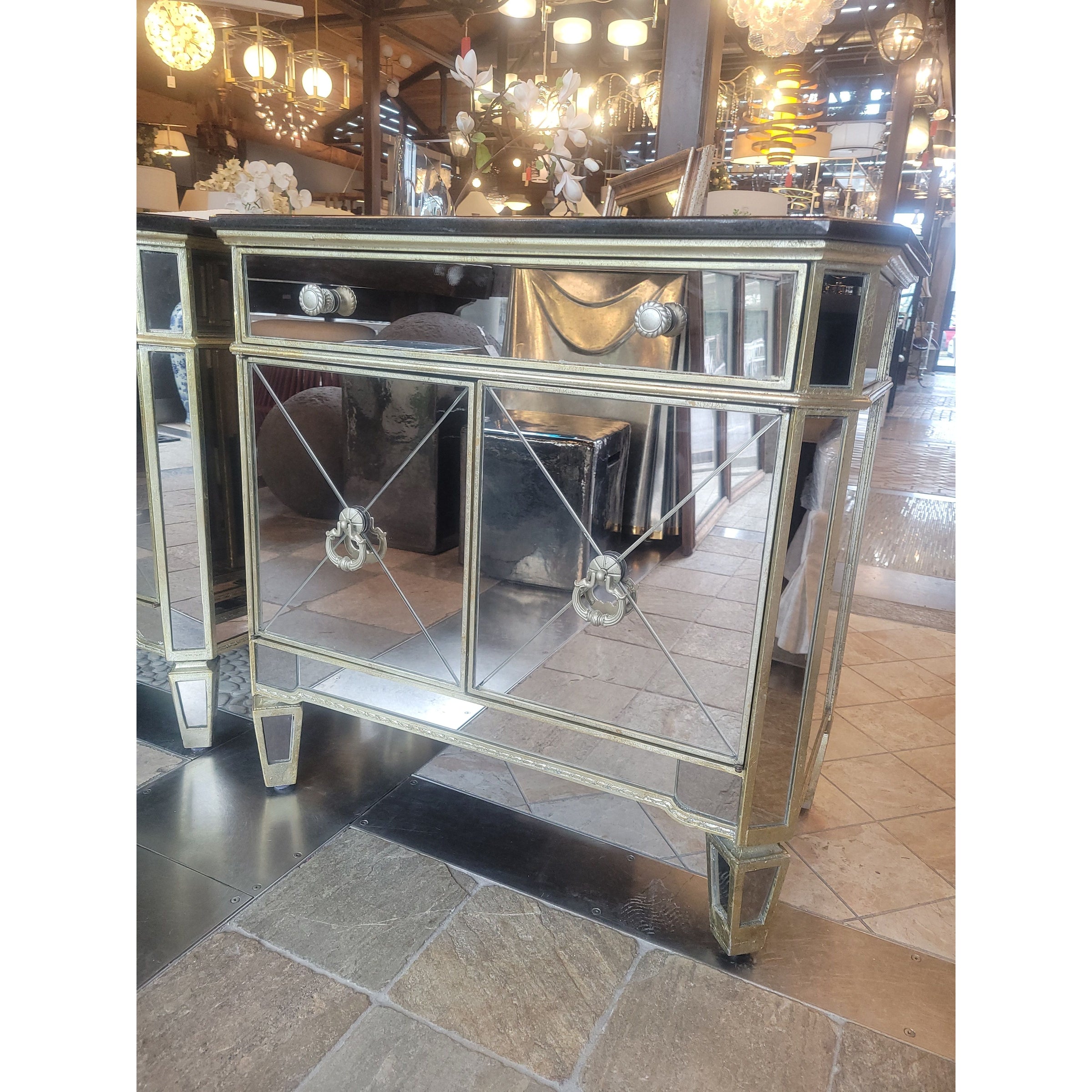 PAIR of Mirrored Glass Nightstands w/ Black Stone Tops (AS IS)