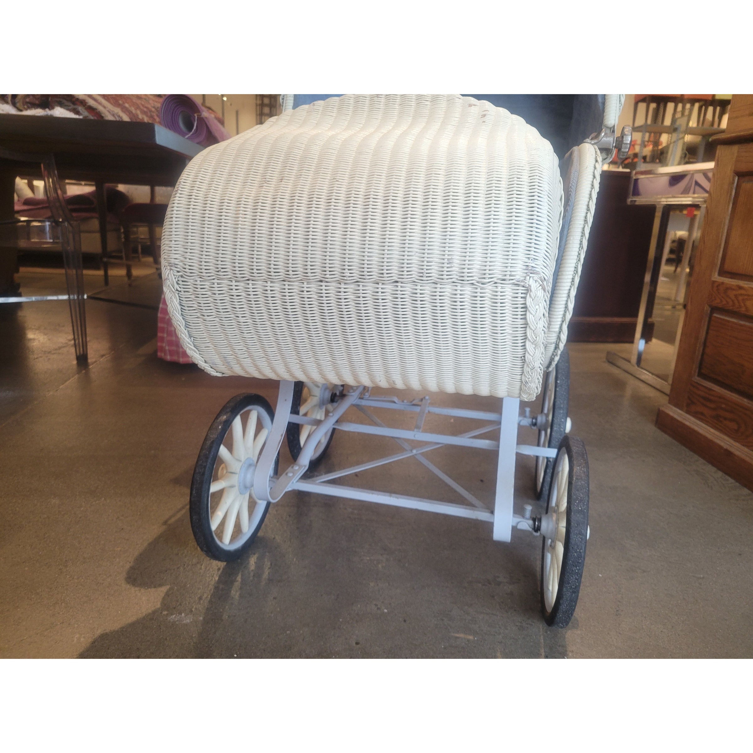Vintage White Wicker Pram Carriage w/ Blue Fabric Interior (AS IS)