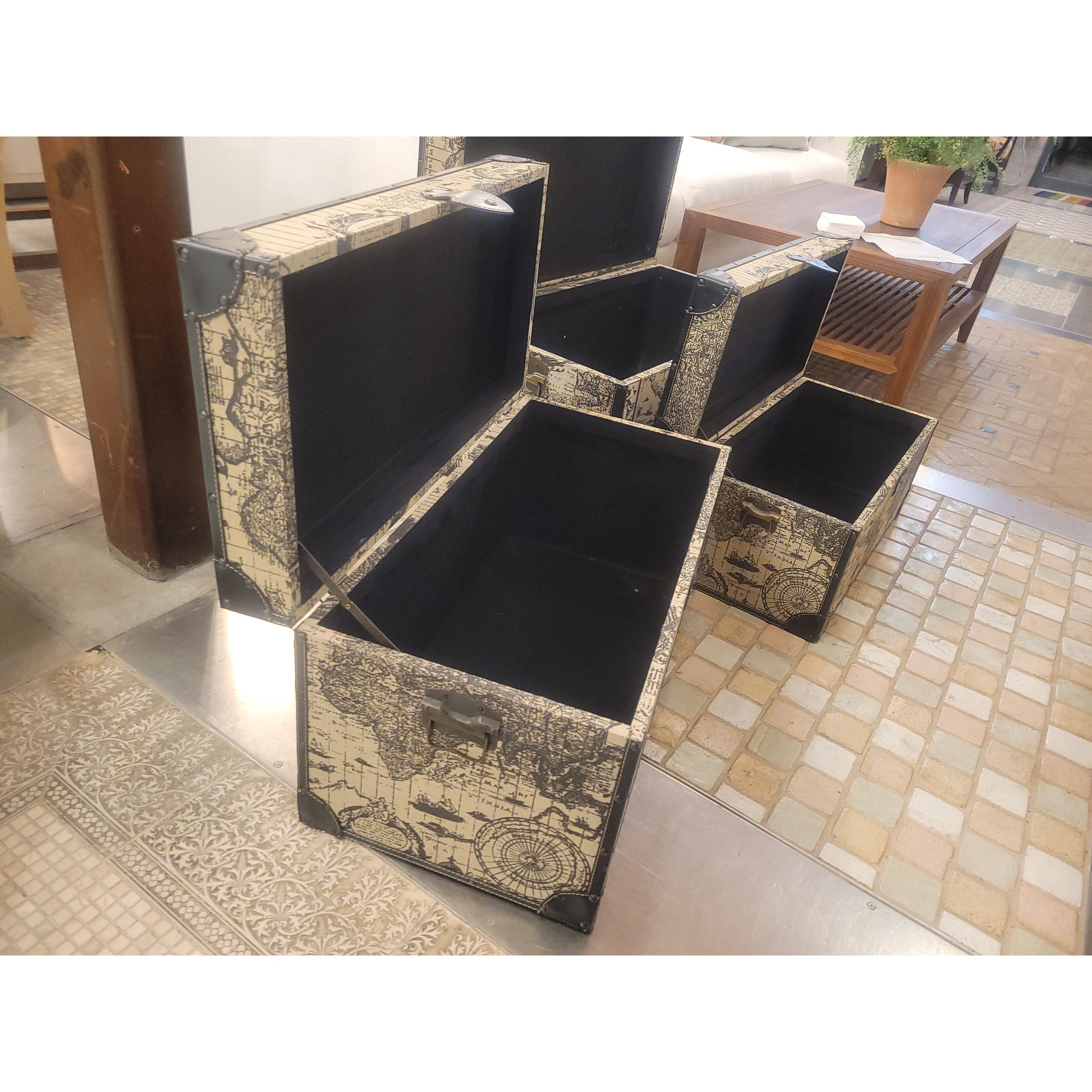 SET of 3 Decorative World Map Themed Nesting Storage Trunks