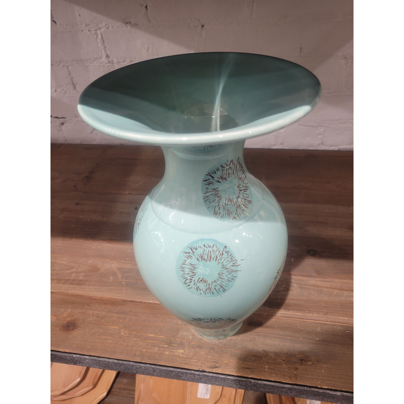 Mid-Century Wide Rim Brown Spotted Turquoise Ceramic Vase