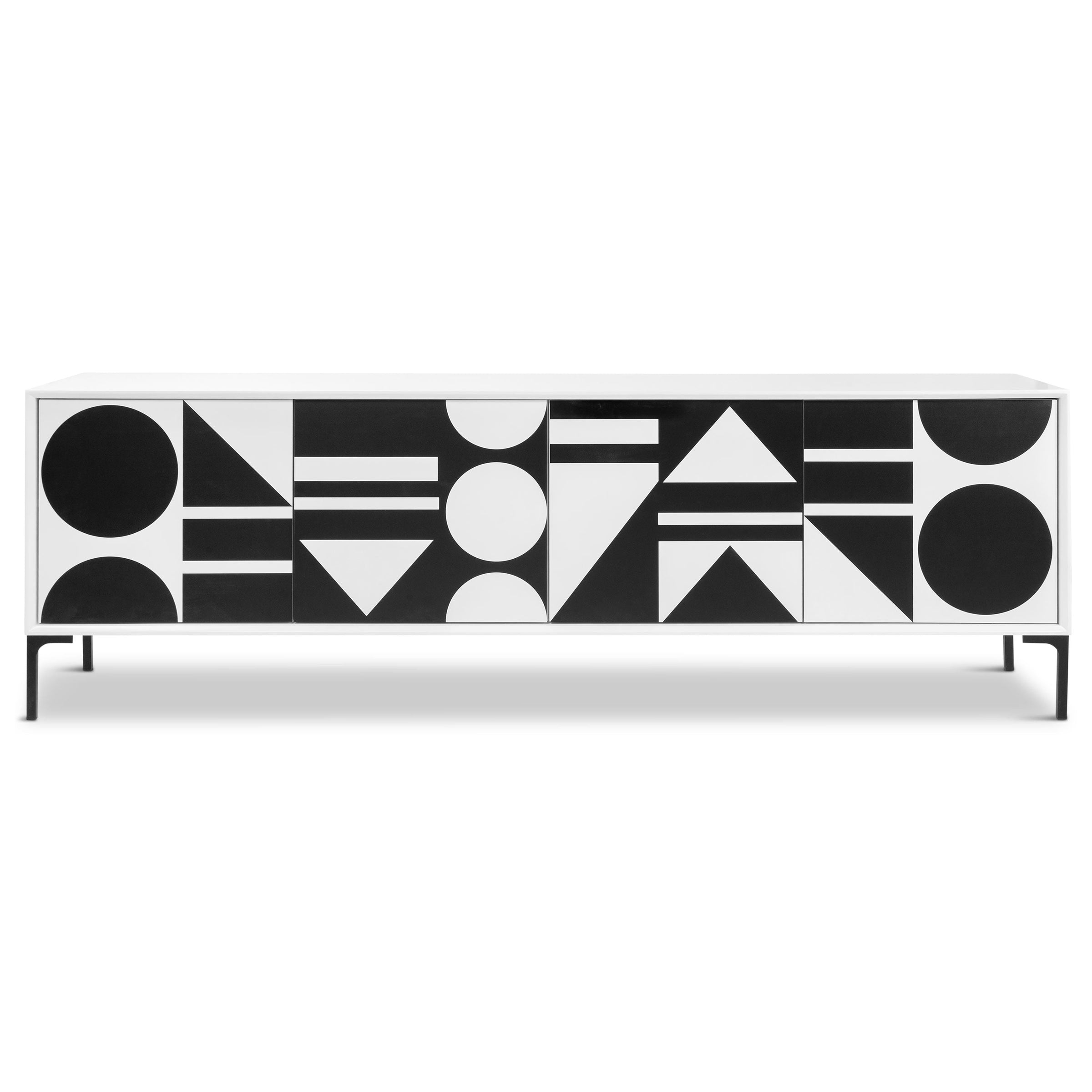 Geometric 4-Door Credenza in Black & White w/ Chrome Legs