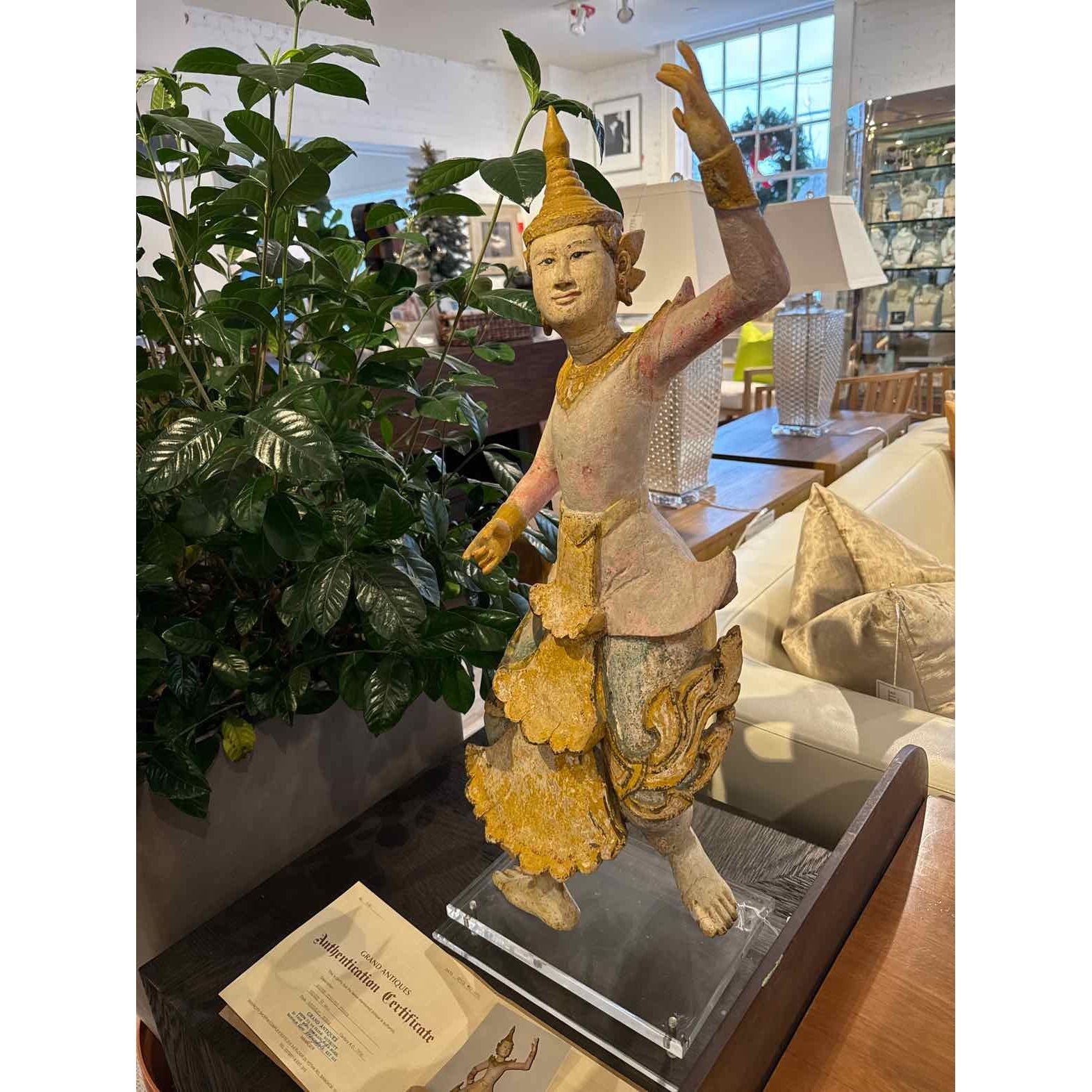 Pair of Antique Carved Polychrome Burmese Dancers w/ COA, 30"H x12"L x 9"W