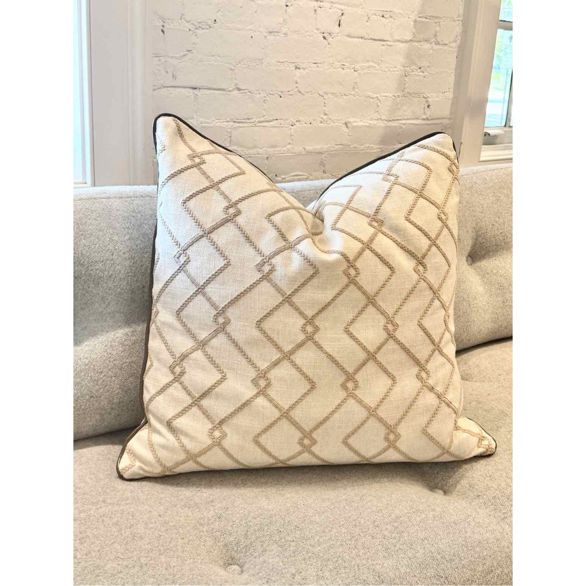 PAIR of Custom Natural & Light Brown Geometric Embroidered Square Pillows