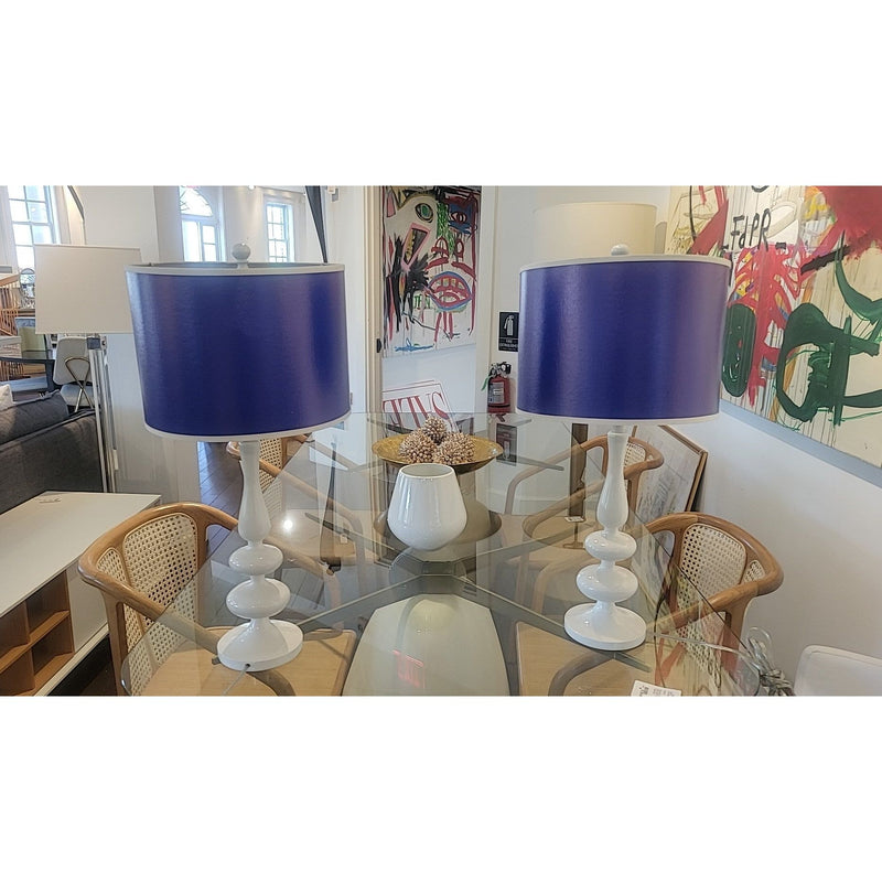 PAIR of White Modern Table Lamps w/ Blue Shades