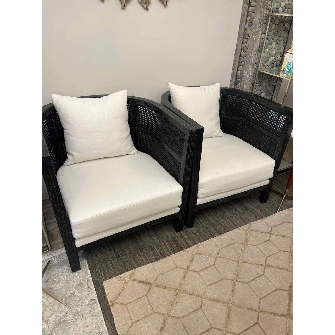 Pair of Black Maggie Cruz Costero Barrel Chairs w/White Cushions