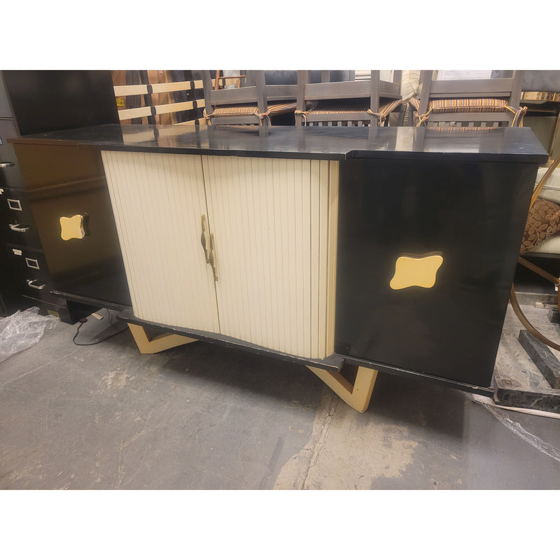 Custom 1960s Black & White Wood Bar Cabinet w/ Original Zenith TV - colletteconsignment.com