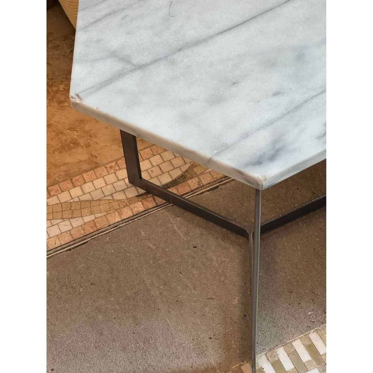 White Marble Hexagon Side Table on Metal Base - AS IS