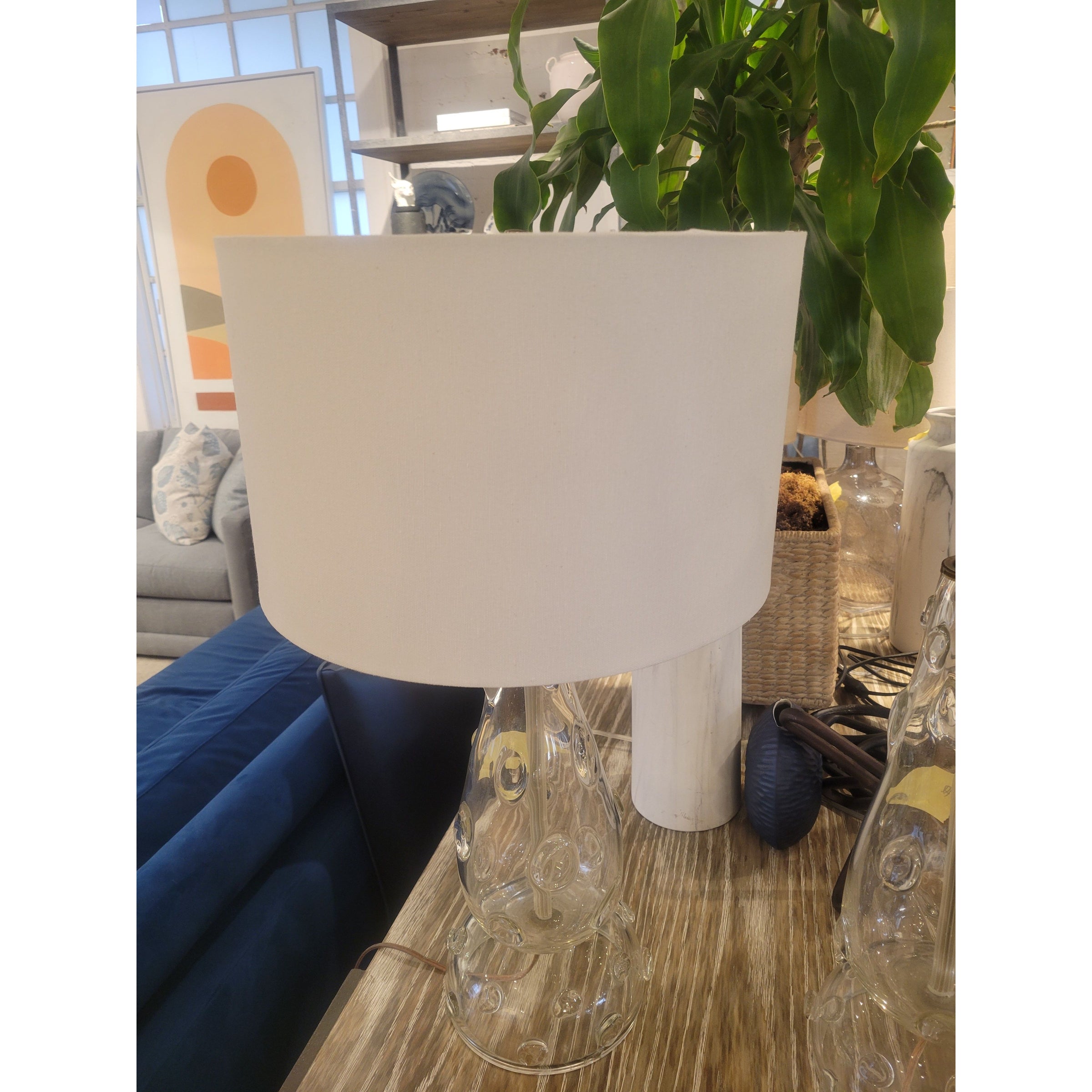 PAIR of Mid-Century Handblown Clear Art Glass Table Lamps w/ Shades