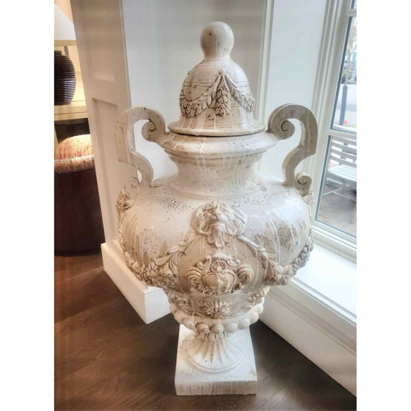 PAIR of Vintage Signed Cast Iron White Glazed Urns w/ Lids