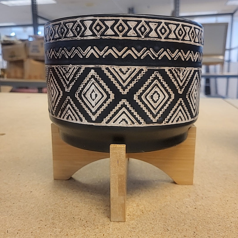 Matte Black & White Ceramic Bowl w/ 4-Legged Wood Stand