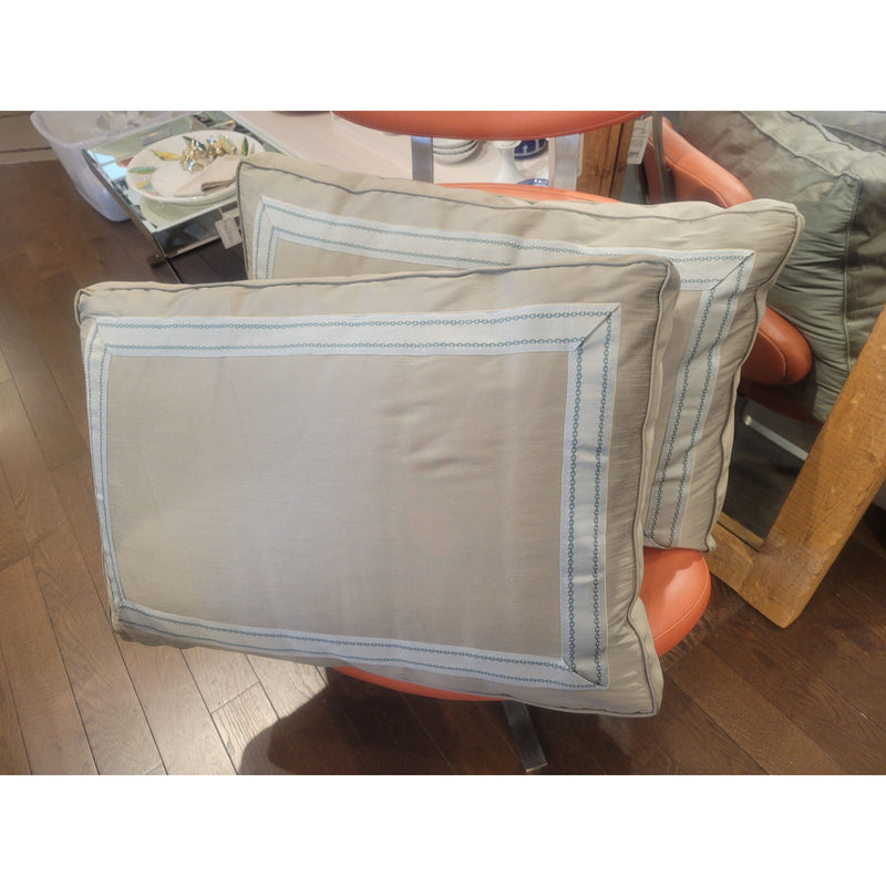 PAIR of Custom Silver Rectangular Pillows w/ Blue Ribbon Border - colletteconsignment.com