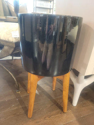 Glazed Black Ceramic Planter on Wood Stand (AS IS)
