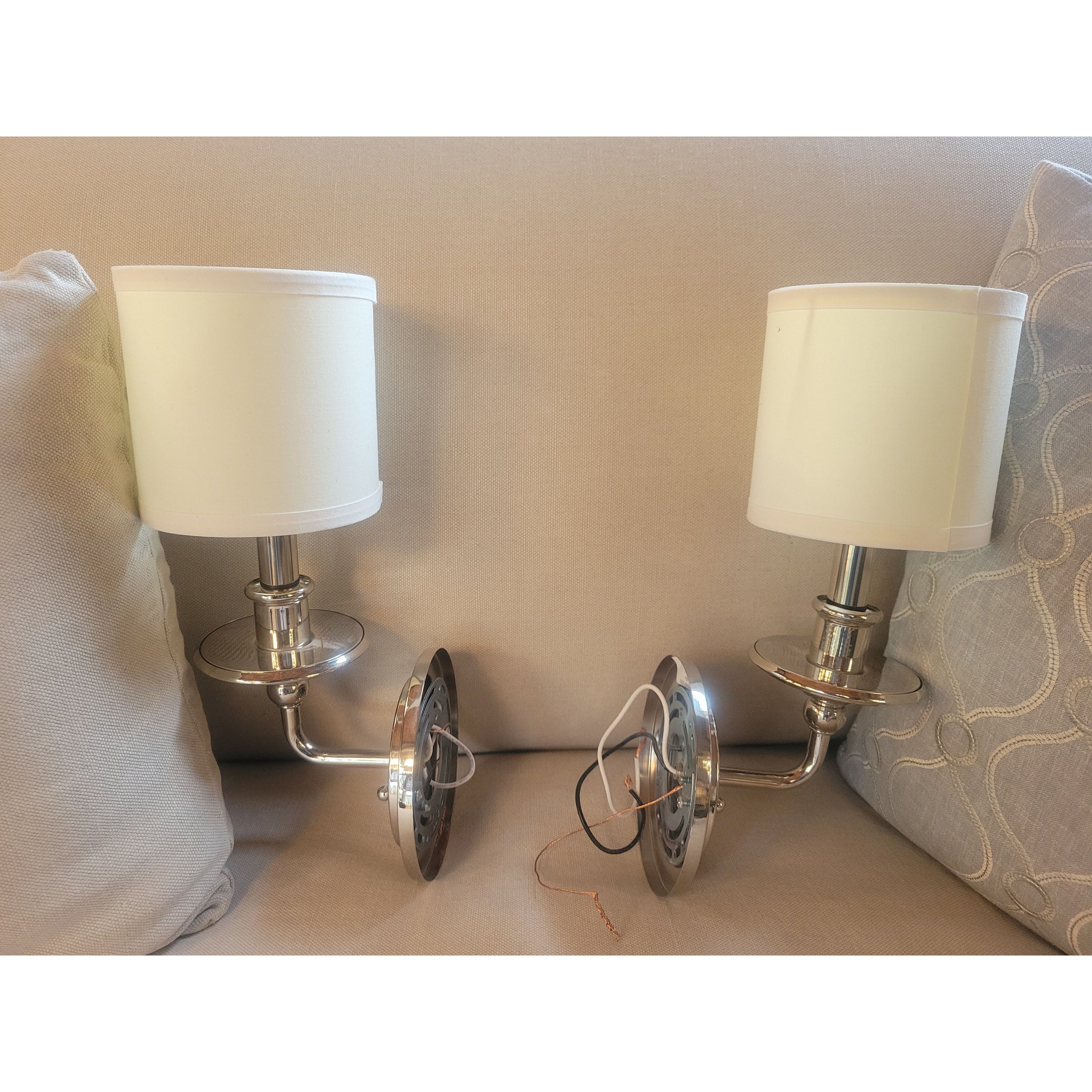 PAIR of Polished Metal Sconces w/ Frosted Glass Shades
