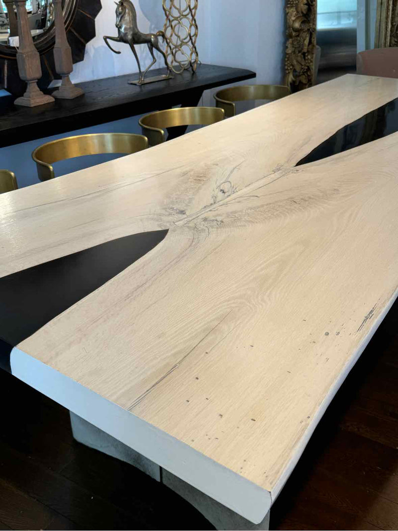 Custom Live Edge Top Table w/ Cow Hide Legs/ Chrome Details, 110"Lx46"Dx31.5"H