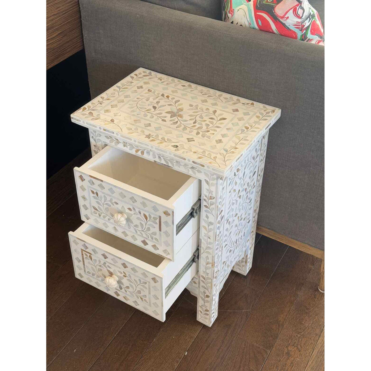 Indian Mother of Pearl Inlay Floral 2-Drawer Bedside Table