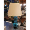 PAIR of Blue Glass Table Lamps on Wood Bases w/ Beige Shades