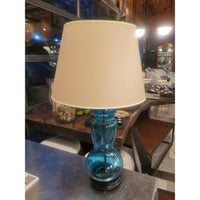 PAIR of Blue Glass Table Lamps on Wood Bases w/ Beige Shades