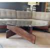 Mid-Century Style Glass Top w/ Wooden Base Coffee Table 42"DiamX16.5"