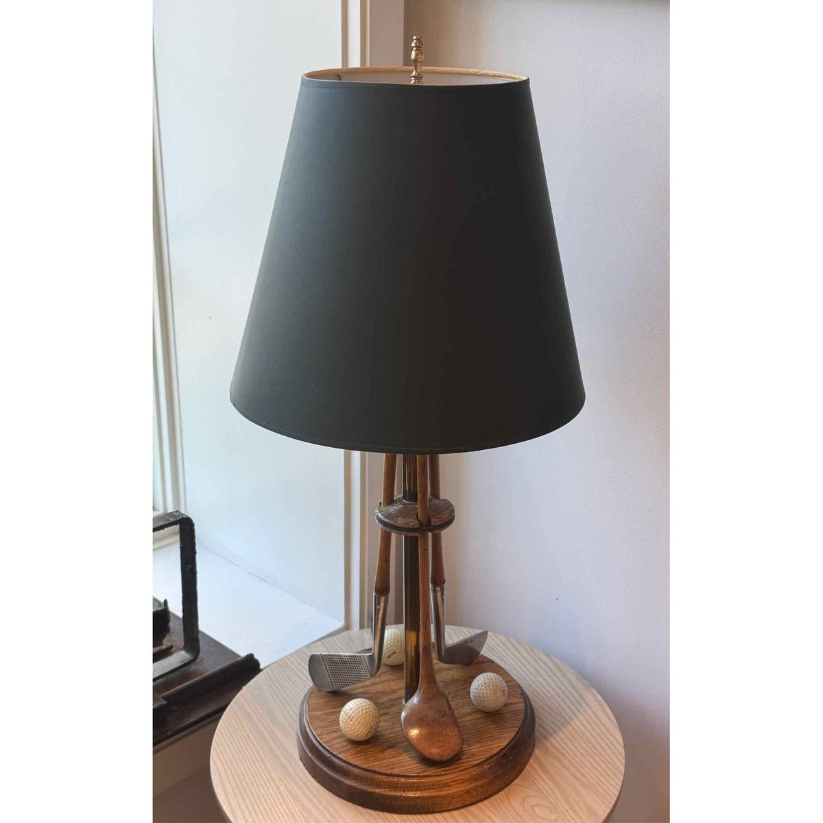 Vintage Hickory Wood Golf Club Table Lamp w/ Black Shade