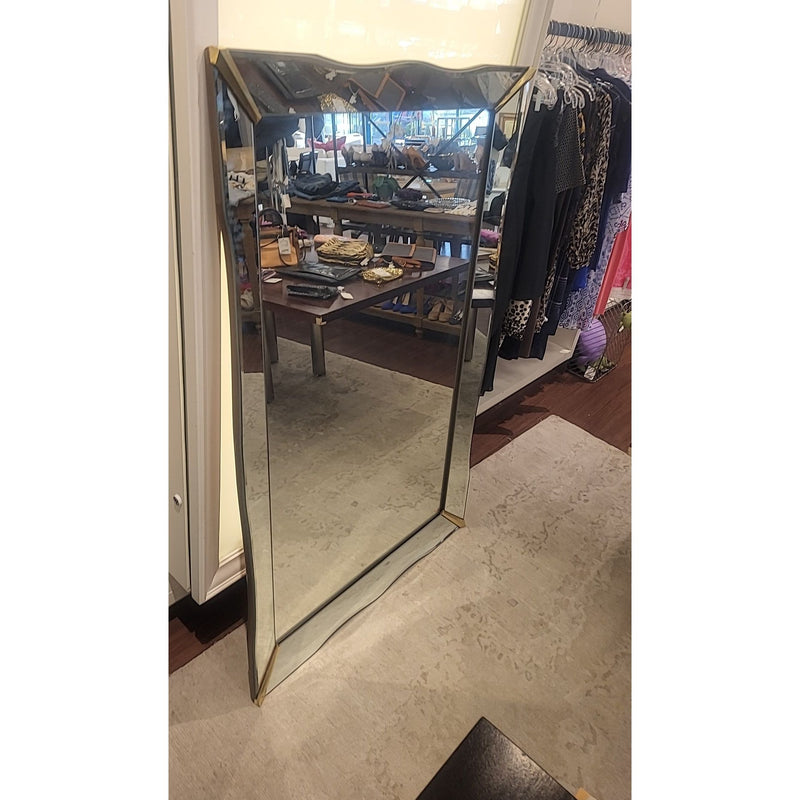 Vintage Rectangular Wall Mirror w/ Wavy Edge & Brass Accents