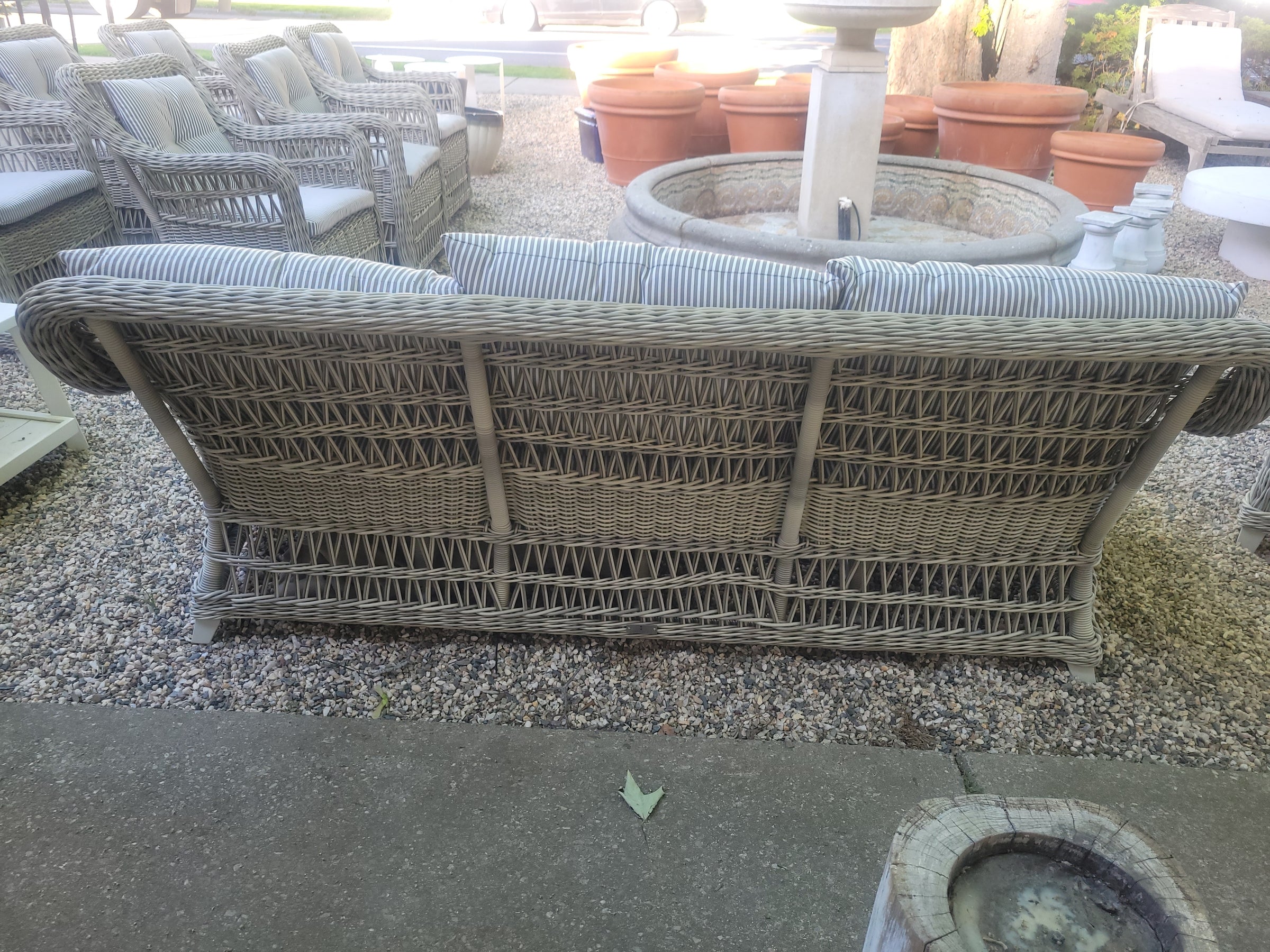 Gray Wicker Arbor Sofa w/ Striped Cushions by Janus et Cie
