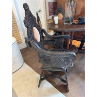 PAIR of Antique Moroccan Inlaid Arm Chairs w/ Carved Back & Scroll Arms