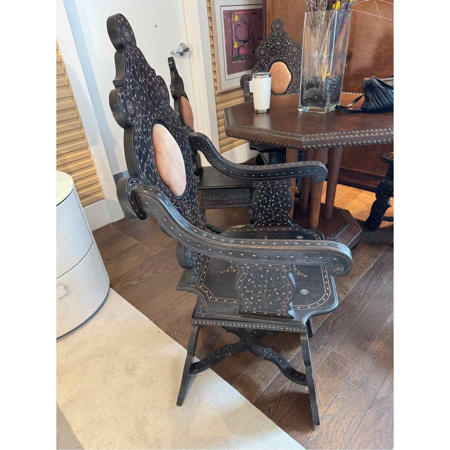 PAIR of Antique Moroccan Inlaid Arm Chairs w/ Carved Back & Scroll Arms