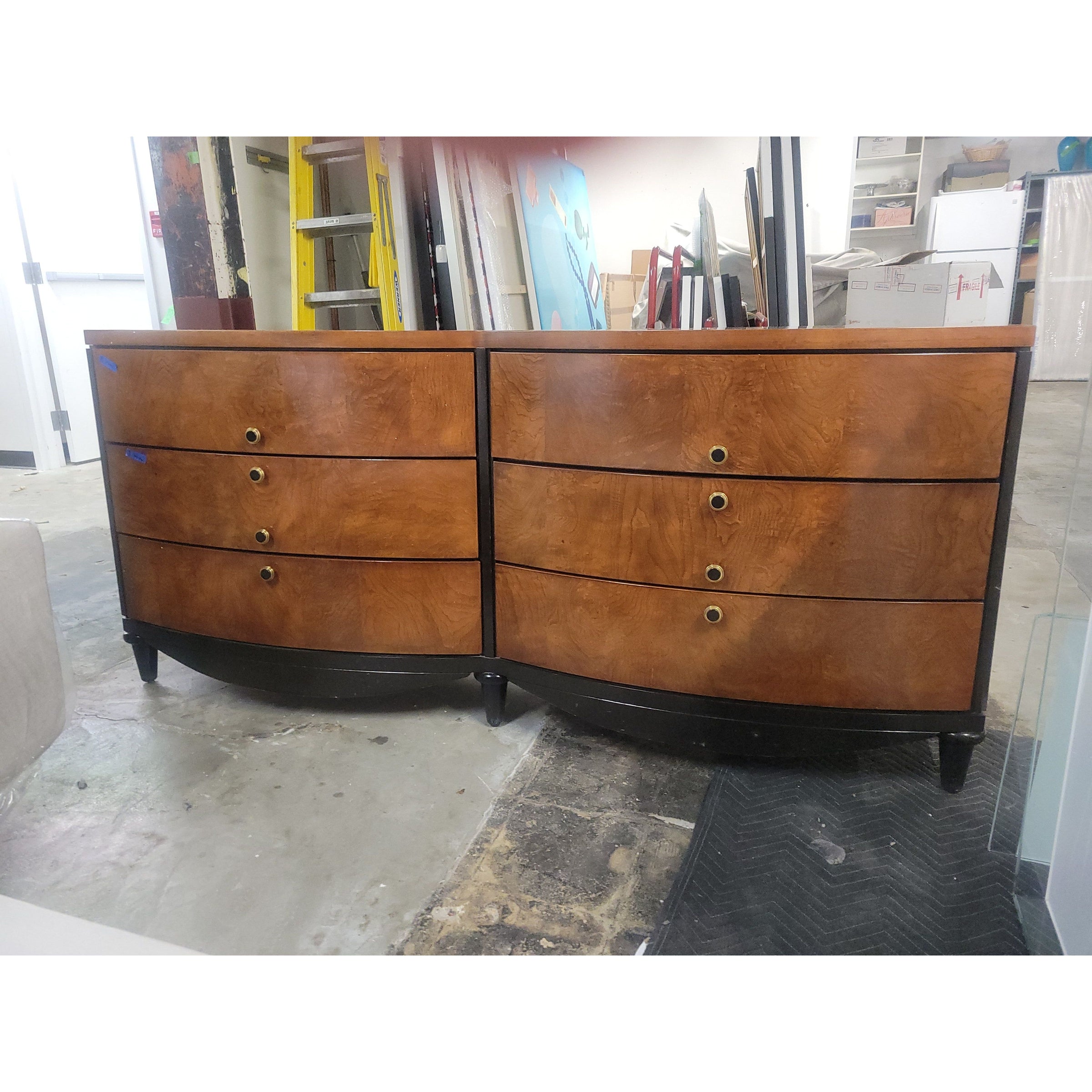 6-Drawer Rounded Deco Burlwood Dresser w/ Dark Walnut Feet & Brass Handles