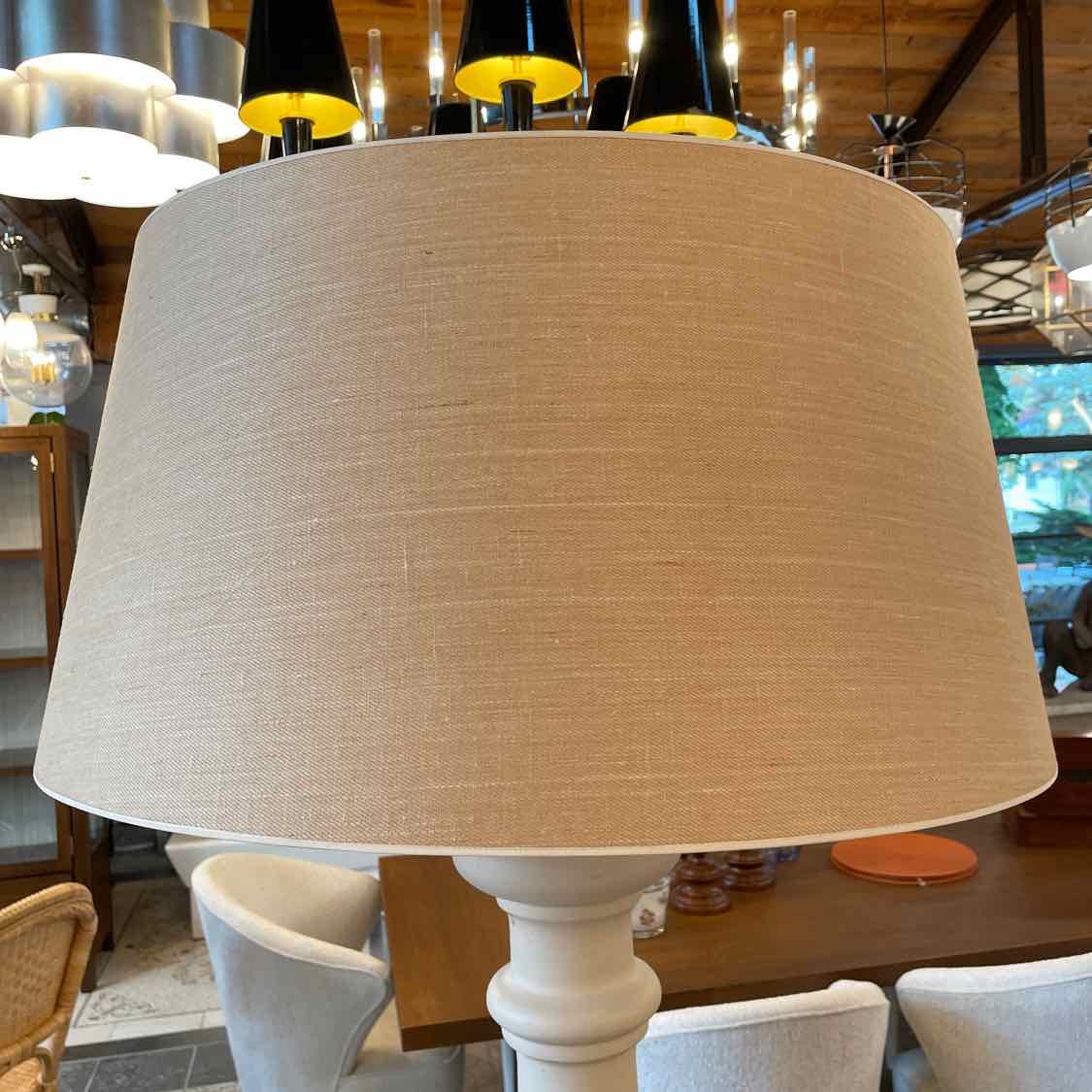 PAIR of XL White Plaster & Brass Table Lamps w/ Tan Shades (AS IS)