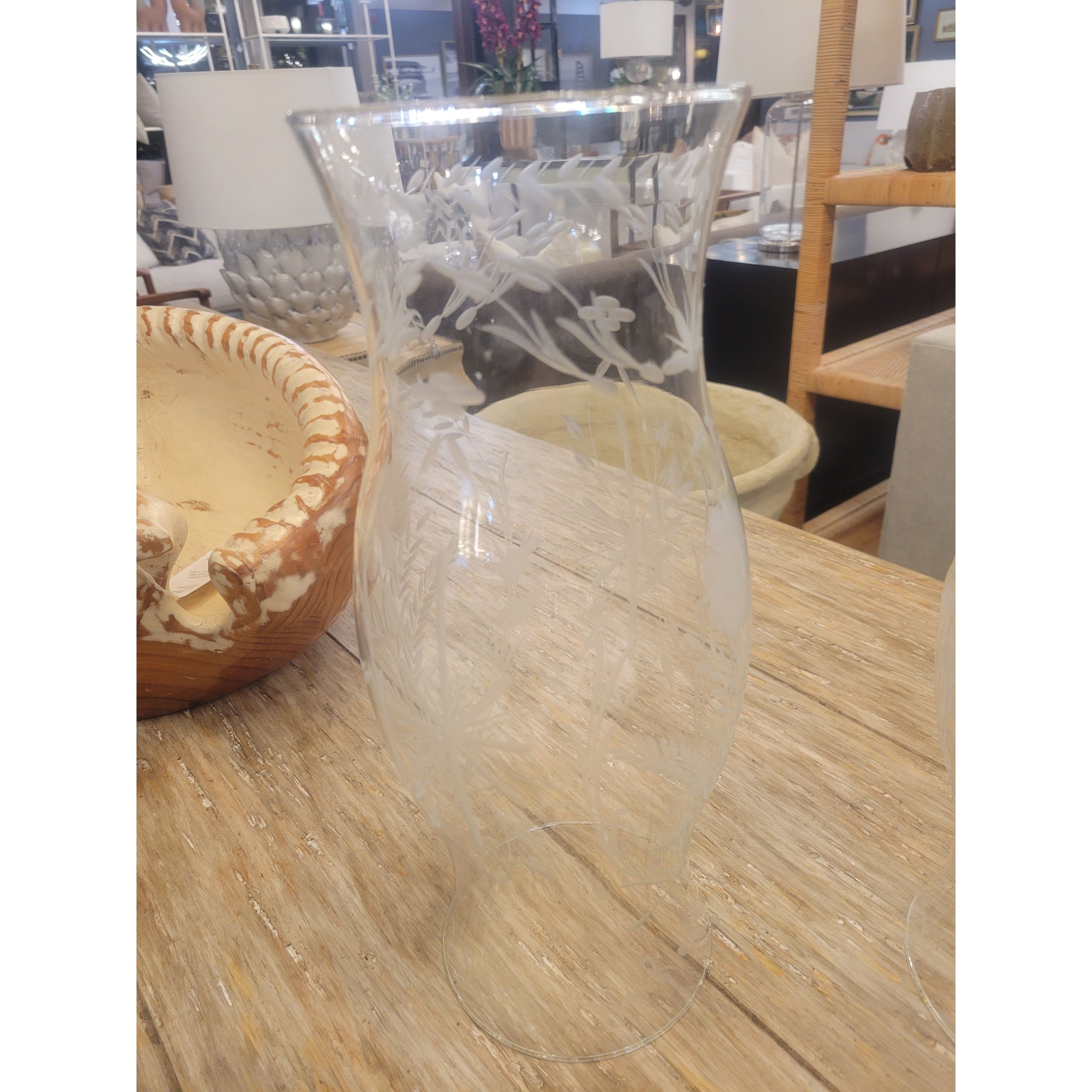 Floral Etched Glass Candle Hurricane