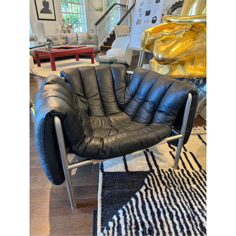 97VHNY2C-'Puffy' Lounge Chair, Black Leather / Stainless, Art. no. 20258 Design