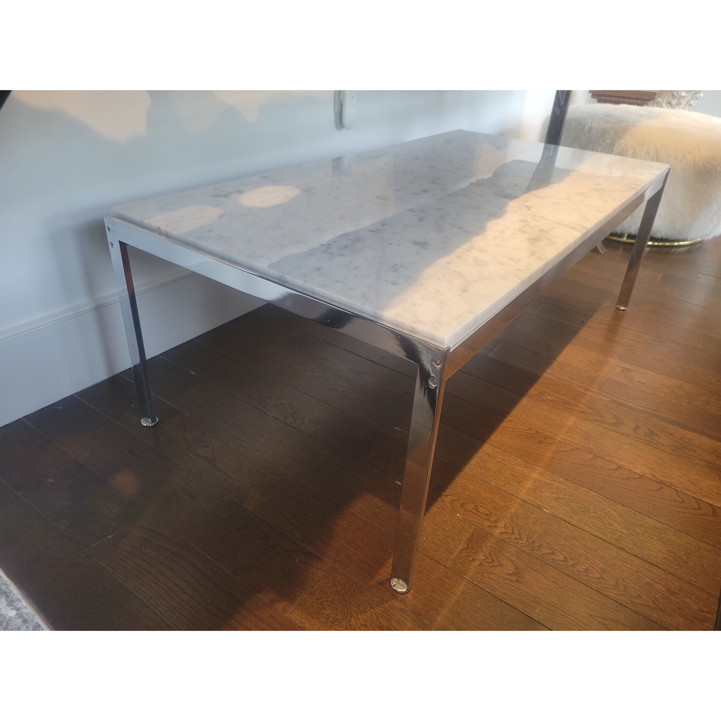 Mid-Century Rectangular Chrome Coffee Table w/ White Marble Top