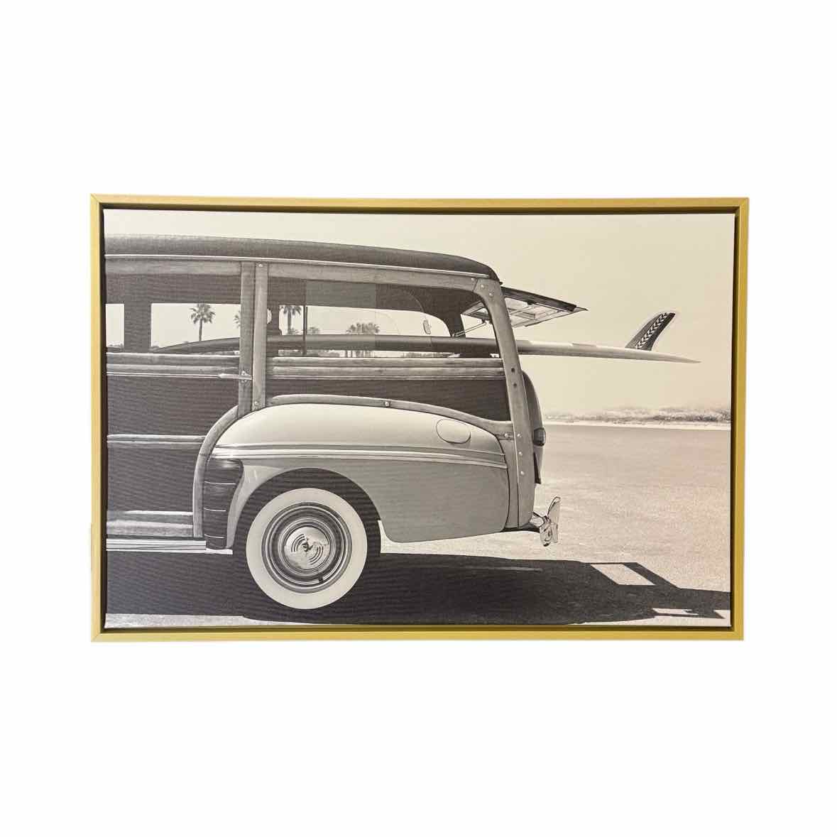 B&W Beach Car Photograph on Canvas in Floating Wood Frame