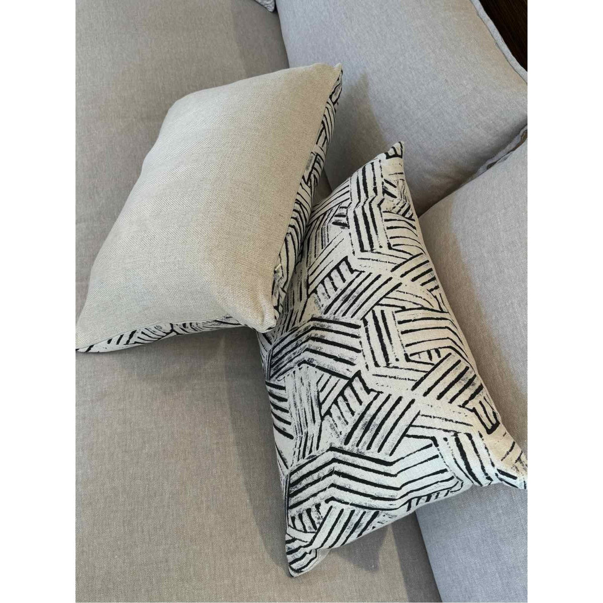 Pair of Natural Linen Lumbar Pillows w/ Black Rectangular Ethnic Print