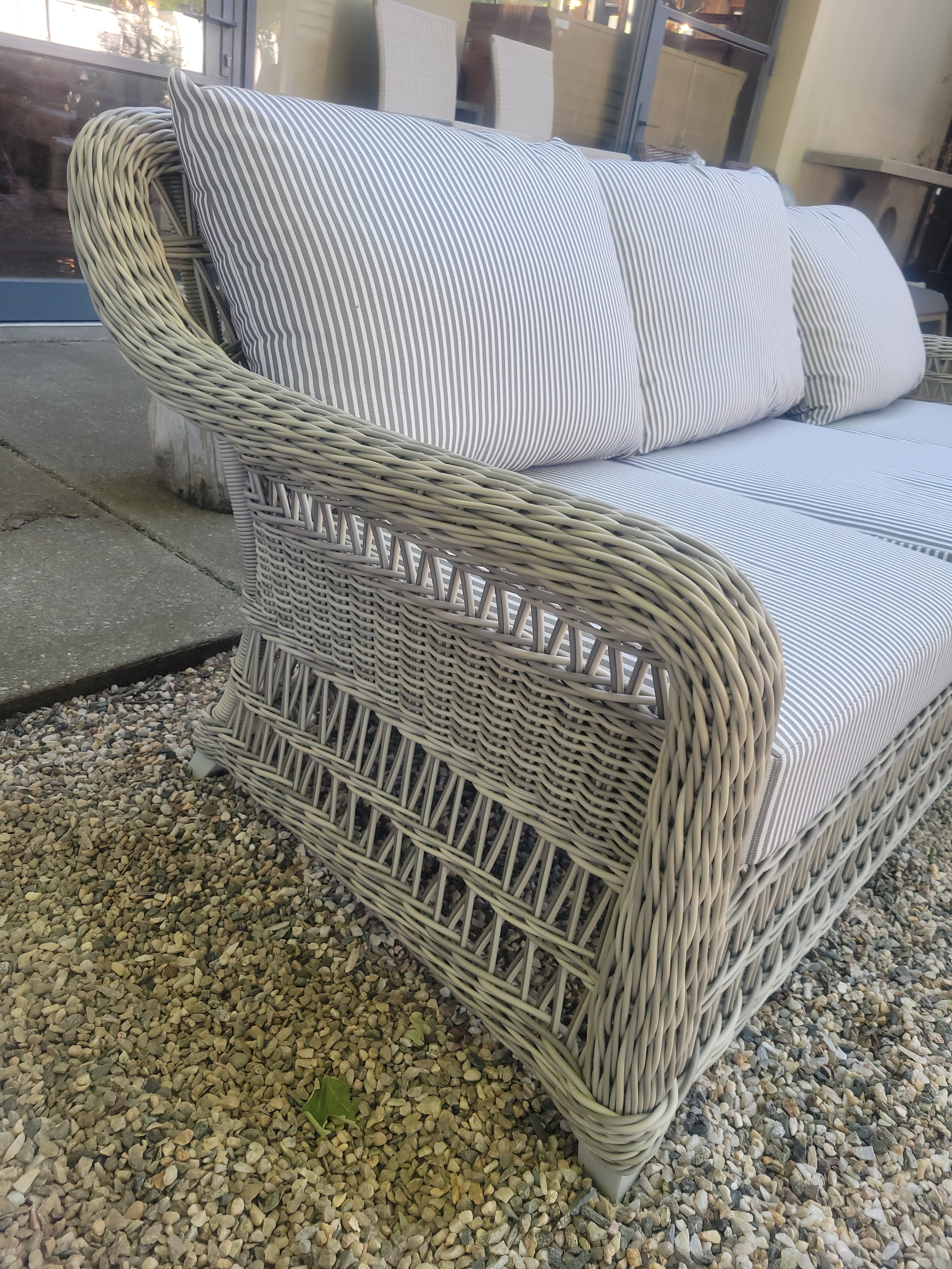 Gray Wicker Arbor Sofa w/ Striped Cushions by Janus et Cie