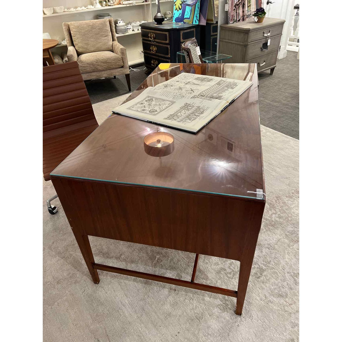 Regency Style Mahogany Desk with Custom Cut Glass Top