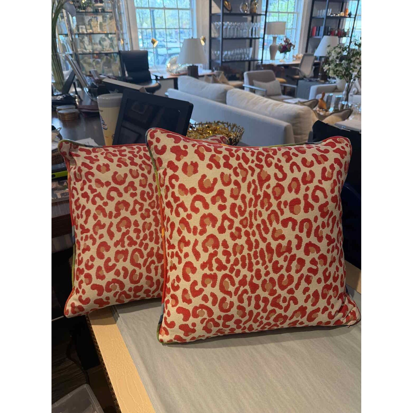Pair of Leopard Print Pillows w/ Stripe Piping 17"Sq - colletteconsignment.com