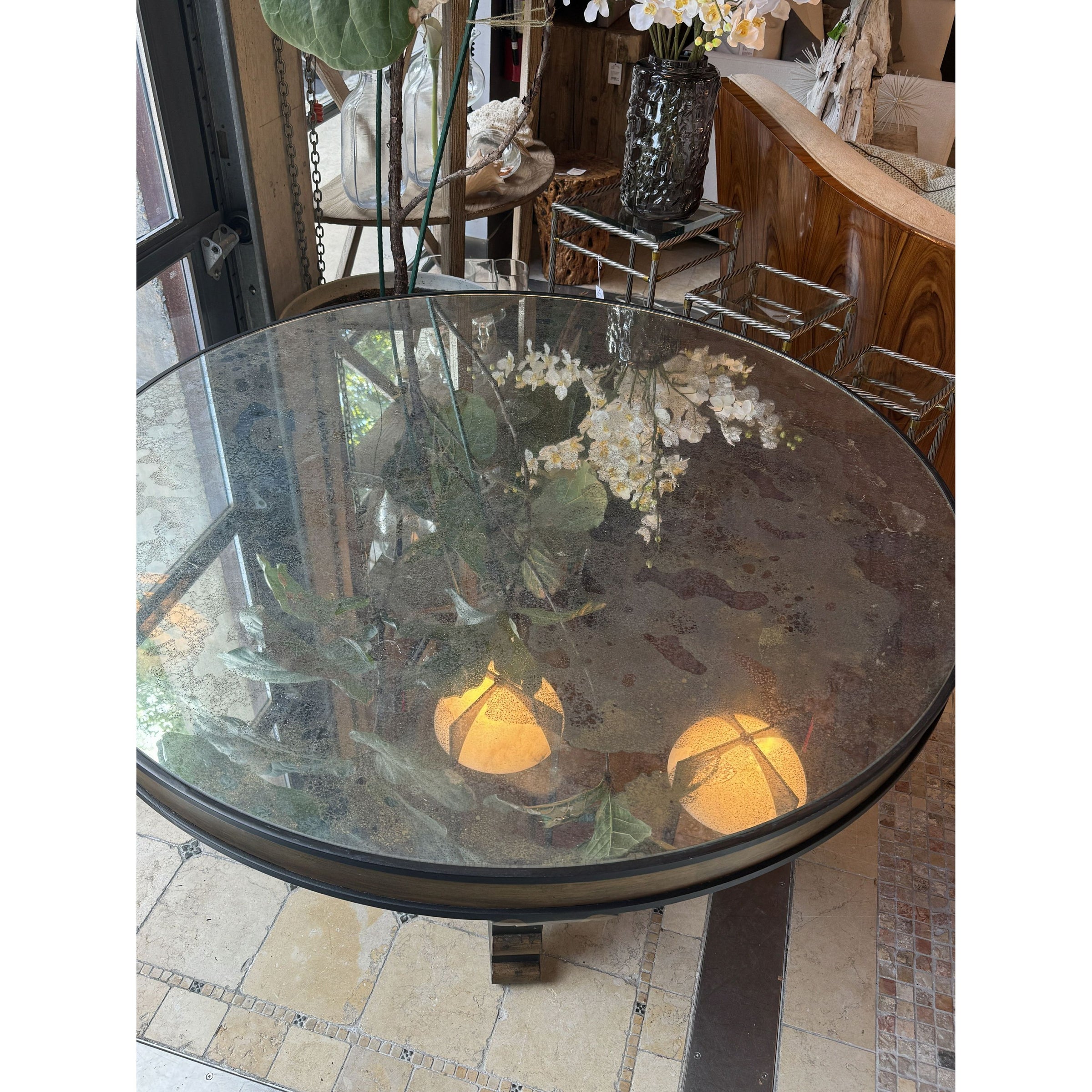Neoclassical Steel & Mirrored Glass 4-ft Round Table by Niermann Weeks