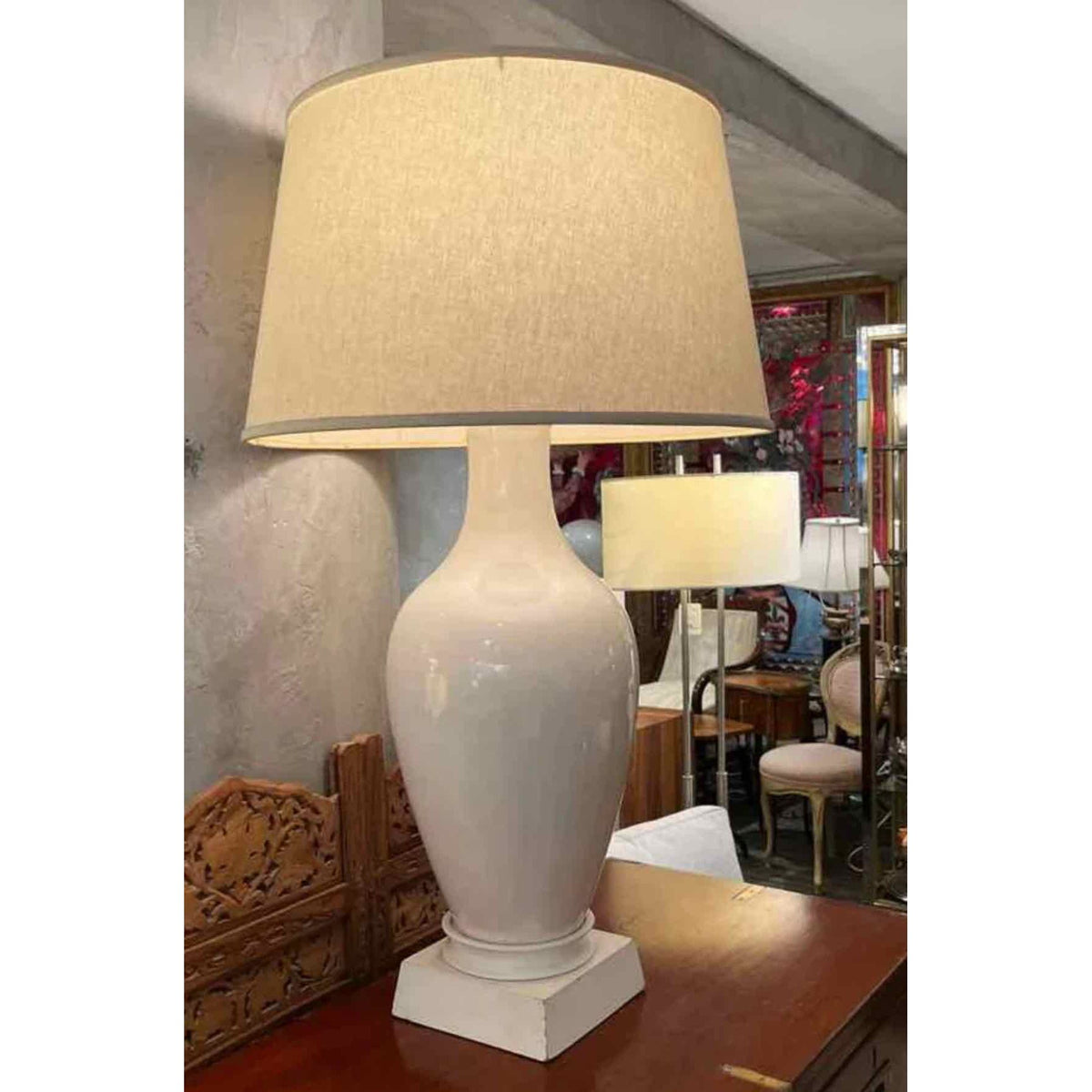 Mid-Century Tall Ivory Glazed Ceramic Table Lamp