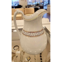 Large White Pitcher w/ Handle & Greek Key Pattern